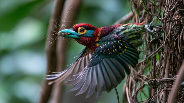 AI generator images of Banded (Javan) Broadbill ( Eurylaimus javanicus) A bird is flying, carrying leaves in its beak to build a nest.