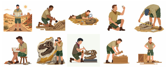 Flat vector illustration set of paleontologists excavating dinosaur fossils and skeletons © Wiyono