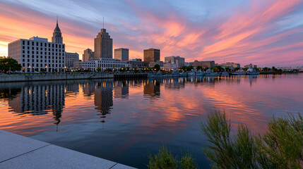 Fototapeta premium Serene cityscape at sunset with calm body of water, tranquil urban travel destination, with copy space