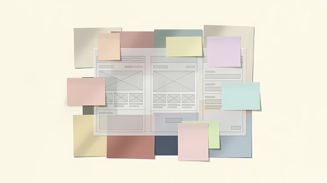 UX UI website wireframe layout with colorful sticky notes for project planning.