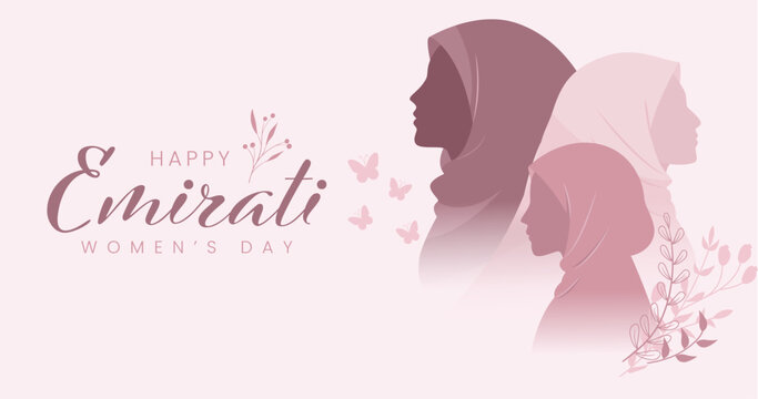 Emirati Women's Day Illustration Featuring Three Hijab Women Silhouettes with Floral and Butterfly Design