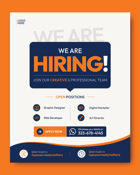 We are hiring recruitment flyer template with modern corporate job vacancy poster design, professional employee hiring announcement for company careers, human resources, staffing, recruitment campaign