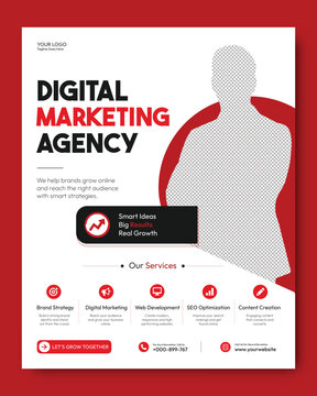Modern digital marketing agency flyer template with professional corporate business promotion, clean red and white brochure layout for social media marketing, branding, advertising, 
