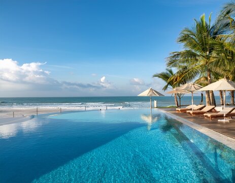 luxury tropical resort infinity pool with private cabanas and palm trees leading to the ocean beach
