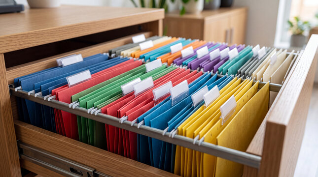 Brightly colored hanging file folders with label tabs neatly arranged inside an office cabinet drawer.