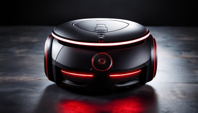 a sleek black delivery robot with red led lights rests on a textured dark surface showcasing its modern design and smooth curves