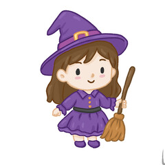 Cute Little Witch Girl with Broom Halloween Cartoon PNG