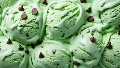Obraz premium mint chocolate chip flavor gelato full frame background banner detail close up of a surface texture of mint chocolate chip ice cream