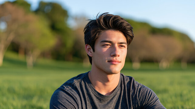 Young man sitting in green grass field at golden hour with peaceful contemplative expression