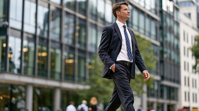 Confident businessman in suit walking through modern financial district with glass office buildings