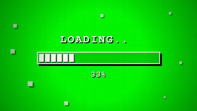 Retro 8-bit pixel art loading progress bar animation on a green digital grid background screen reaching 100 percent complete