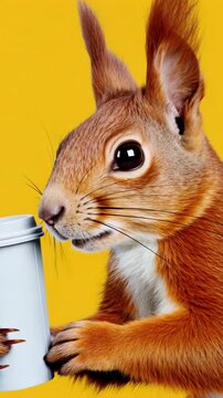 Tracking shot of squirrel reaching and grasping paper cup on yellow studio backdrop close up with subtle pan motion