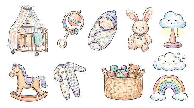 A charming collection of adorable baby-themed illustrations, including a crib, rocking horse, baby clothes, toys, and a rainbow.
