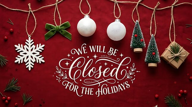 Christmas holiday closure sign with festive decorations on red background flat lay of ornaments, gift box, and evergreen branches