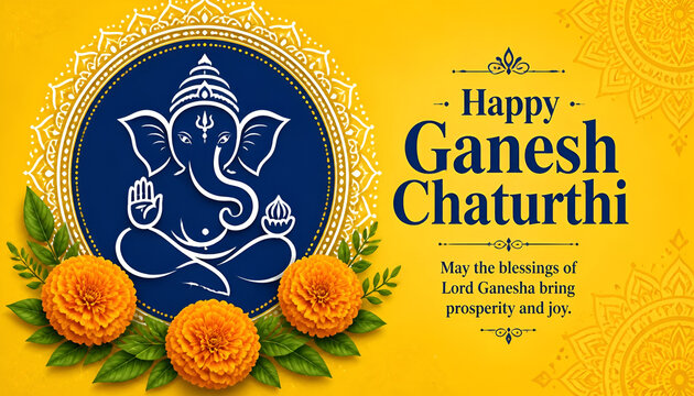 Ganesh Chaturthi Greeting Banner with Elegant Lord Ganesha Emblem and Marigold Floral Decoration