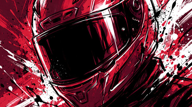 Dynamic digital art of a futuristic racing helmet with red white and black paint splatters