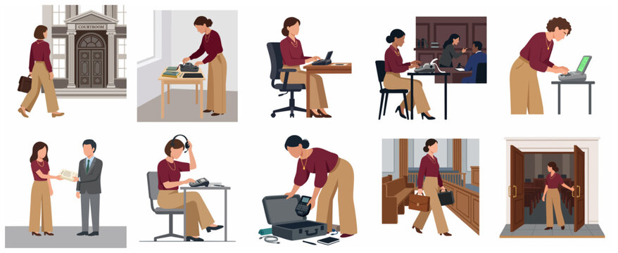 Professional court reporter and stenographer character set in various legal settings and activities flat vector illustration
