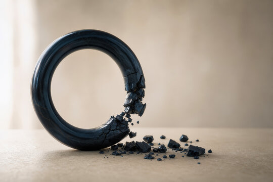Dark blue obsidian ring with fractured collapsing section and scattered fragments symbolizing model collapse synthetic data recursive AI data contamination and AI safety warning