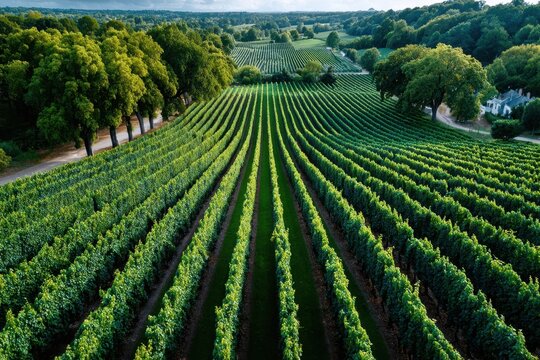 Aerial view of lush green vineyard rows and trees