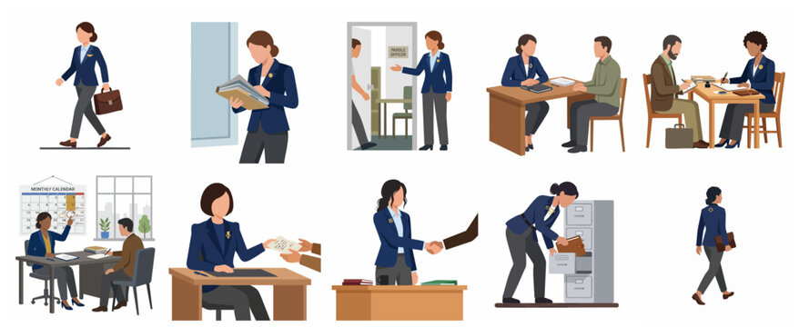 Professional Female Parole Officer Illustration Set with Various Work Scenarios and Client Consultations