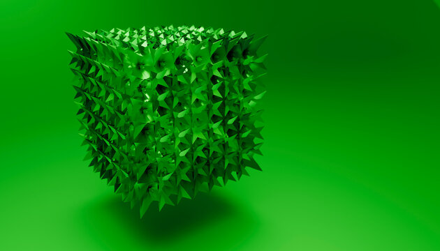 3d rendered abstract green spiked cube floating over green background