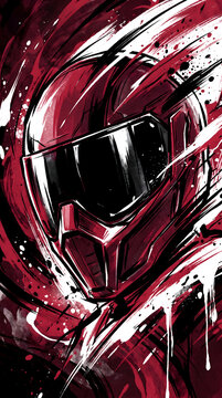 Dynamic futuristic helmet digital art illustration in red black and white with ink splatters
