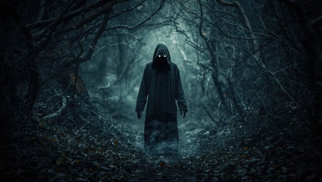 An enigmatic, eerie cloaked silhouette with luminous eyes in a woodland, featuring an artistic, hazy, aged, textured alteration.
