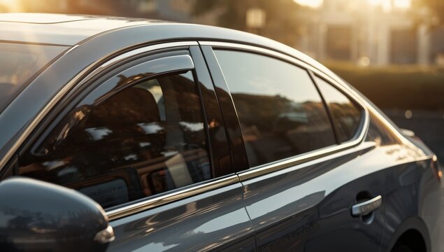 Detailed view of a sedan's side windows featuring dark plastic shields that guard against wind and rain when open. Aspect of light adjustment on a gray sedan.