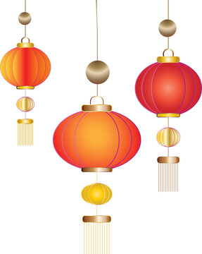 Traditional red and orange Chinese lanterns hanging isolated, vector illustration for festival.