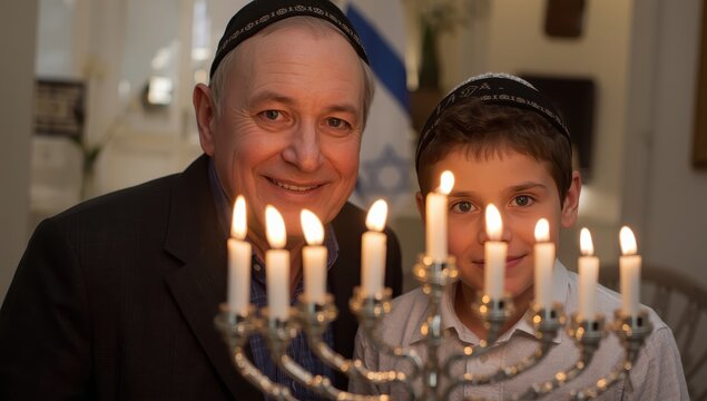 Hanukkah celebration. An elder and a young man don kippahs by a Menorah, igniting candles. Yarmulke featuring Star of David. Classic Hebrew Festival of Lights.