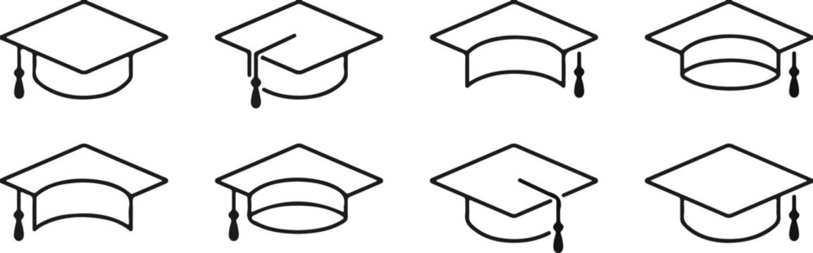 Minimalist graduation cap icon set, 8 black line art academic mortarboard vectors, university commencement and education degree symbols isolated on White Background vector eps silhouette