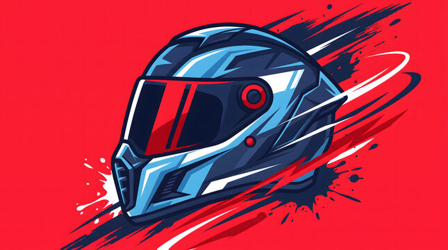 Dynamic vector illustration of a modern blue and red motorcycle helmet with energetic motion splashes