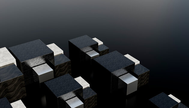 3d rendering of abstract black and silver cubes on dark background