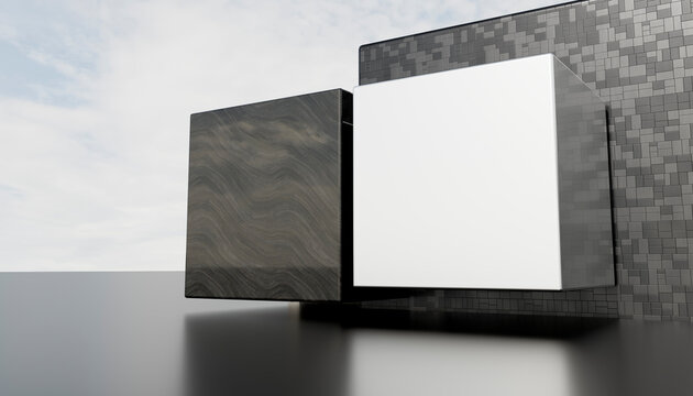3d rendering of two floating cubes with contrasting textures