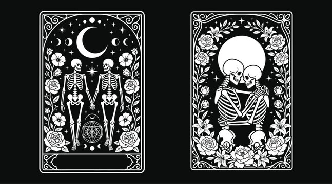 Romantic skeleton halloween tarot card vector illustration featuring mystical lovers with floral moon and star elements in a vintage gothic art style
