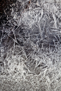Winter ice background. Frozen water texture, macro view. Frost river close up, top view. Ice on flowing river.