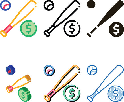 Baseball Bat with Ball Betting And Gambling Icon Vector Thin Line. multistyle Contour