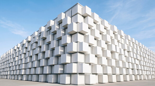 Contemporary building facade featuring protruding white cube patterns under clear blue summer sky.