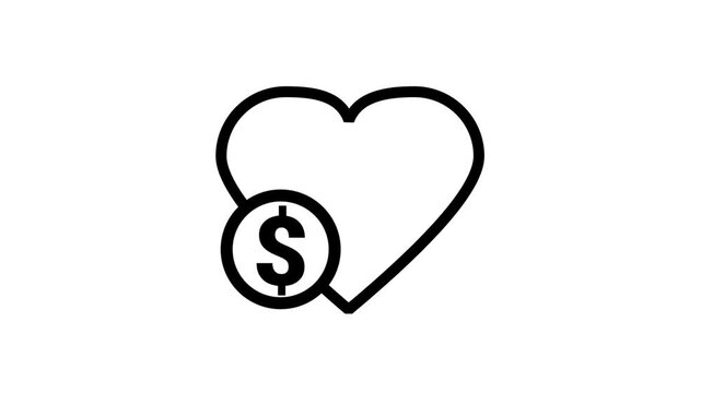Animated Charity Donation Icon. Animated line icon featuring a heart combined with a dollar sign coin, representing crowdfunding, love, and healthcare support.