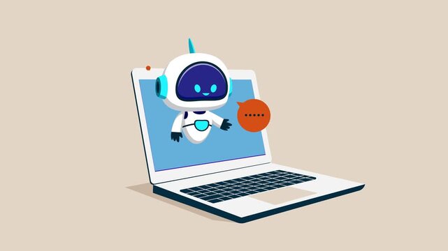 Artificial intelligence robot assistant. Online customer support. Chatbot on laptop screen. Business animation video.