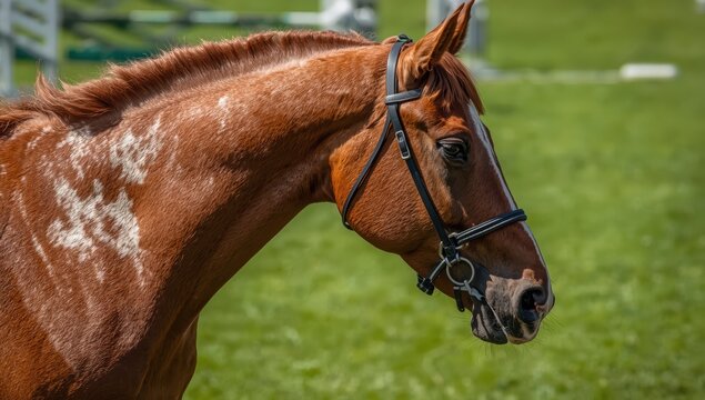 Close-up of a red roan horse. Beginning horse. Jumping, equestrian events, show jumping.
