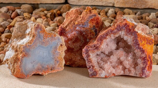 Close-up view of rough, unpolished agate geodes showcasing internal crystal formations and banded layers.