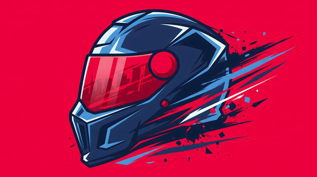 Dynamic vector illustration of a navy blue motorcycle helmet with red visor and speed lines