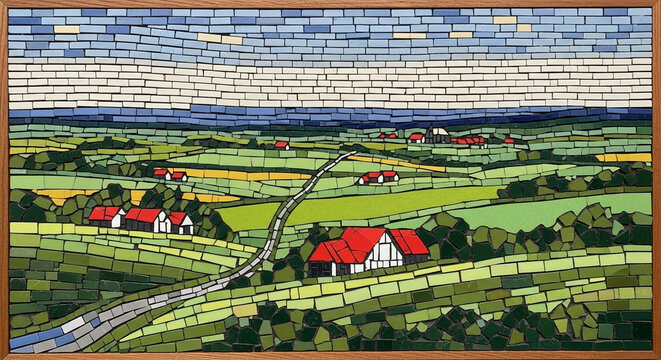 A vibrant mosaic artwork captures the sweeping panorama of a pastoral countryside scene featuring rolling hills, picturesque farms with red roofs, winding pathways, and a distant horizon under