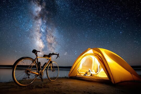 Cyclist camping under a starry sky by the lake at night