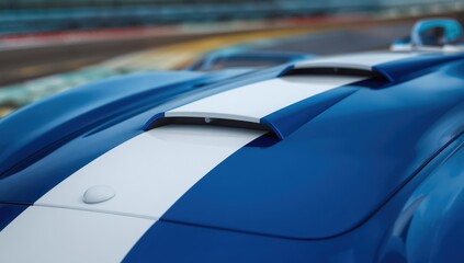 Naklejka premium Detailed view of traditional blue and white racing stripes with a small white antenna on a sports car.