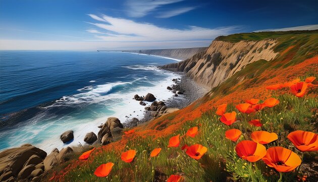 a beautiful craggy coastline with california poppies post processed digital ai art