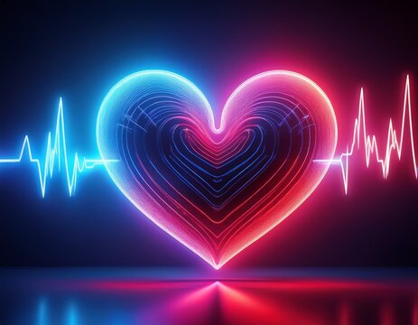 a glowing neon heart shape with a heartbeat line illuminated in blue and red against a dark background