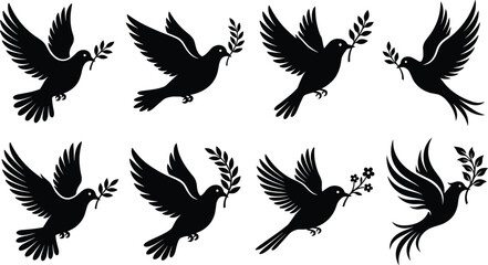 Naklejka premium Flying Peace Dove Silhouette Vector Set Holding Olive and Flower Branches Symbolizing Hope and Freedom
