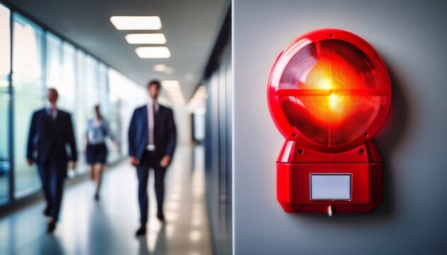 red alarm light wall emergency warning signal security alert system red siren closeup office corridor blur danger notification safety concept